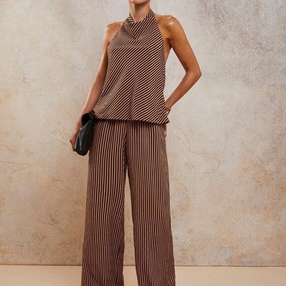 Multicolor Sexy Women's Elegant Resort Striped Halter top and pants 2 piece Set - Picture 4 of 7